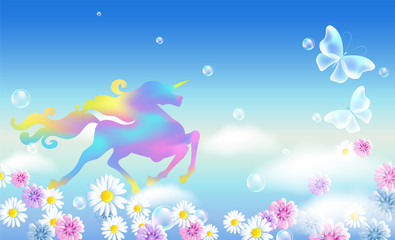 Obraz na płótnie Canvas Unicorn in the clouds sky with luxurious winding mane against the background of the iridescent universe with flowers and butterflies