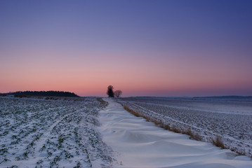 Beautiful winter sunset. The first snow in the fields at sunset.