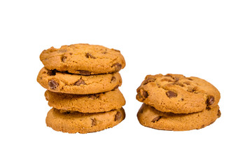 Fresh chocolate chip cookies isolated on white background