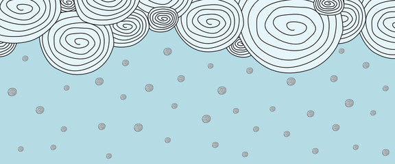 Snowy day background. Clouds with snowfall. Doodle style vector illustration. Eps 10.