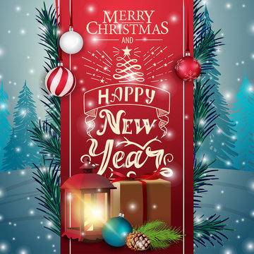 Christmas card with red ribbon, gifts and antique lamp
