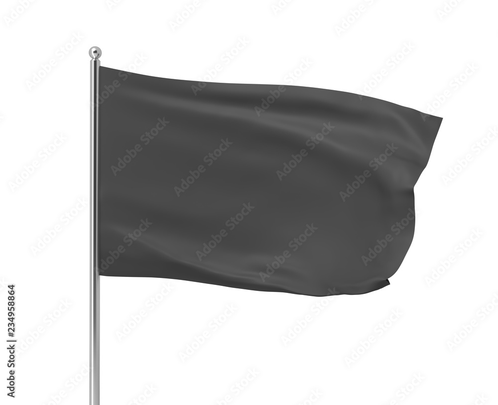 Poster 3d rendering of black flag hanging on post and wavering on a white background.