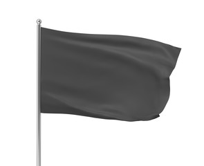 3d rendering of black flag hanging on post and wavering on a white background.
