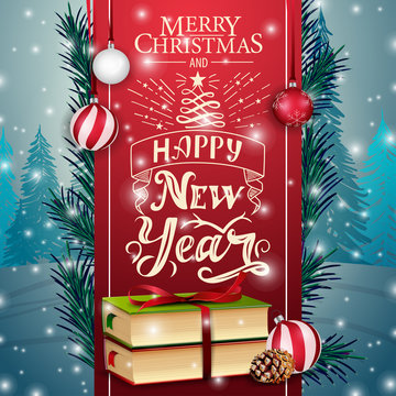Christmas card with red ribbon and Christmas books