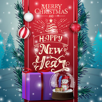 Christmas card with red ribbon, snow globe and gifts