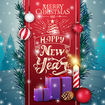 Christmas card with red ribbon, gifts and candle