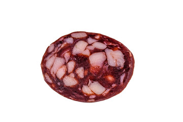 Sliced piece of smoked salami sausage isolated on a white background