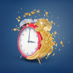 3d rendering of retro red alarm clock stands with a layer of golden coating flakes flying away from it.