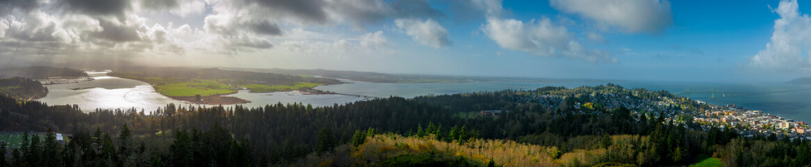 Historic Astoria, Oregon, USA. This view of the Astoria skyline is from the Astoria Column on a...