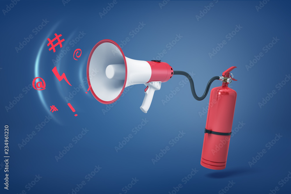 Poster 3d rendering of a red fire extinguisher with a hose attached to a megaphone with strange sounds flyi