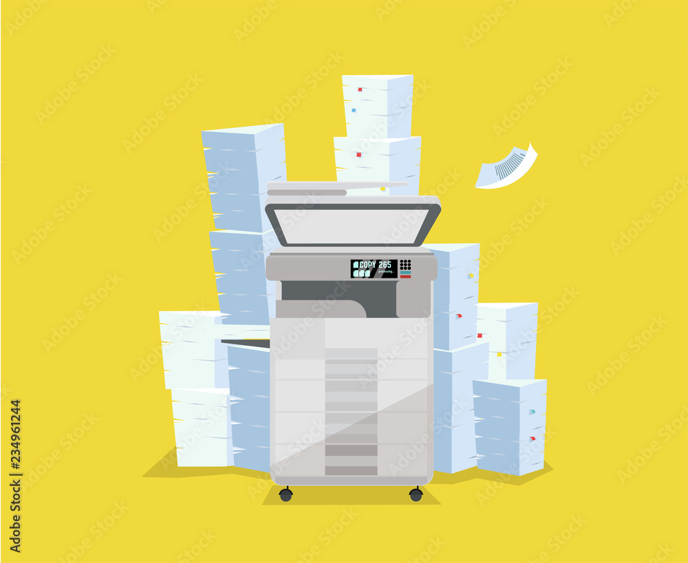 Wall mural a pile of paper and documents stands above multifunction printer scanner. the copier is open for man