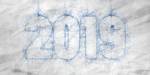 Inscription 2019 in hand drawn style on crumpled paper