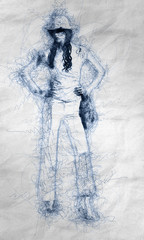 Illustration of posing girl model in hand drawn style