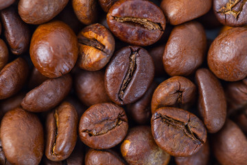Roasted brown coffee beans pattern, background, top view