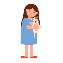 Laughing girl in blue dress holding and strongly cuddling dog. vector illustration of happy kid and pet.