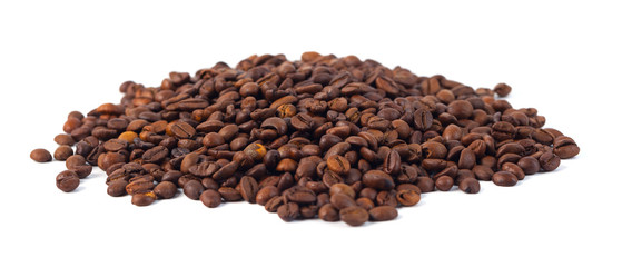 Roasted coffee beans isolated on white background. Three coffee beans