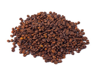 Roasted coffee beans isolated on white background. Three coffee beans