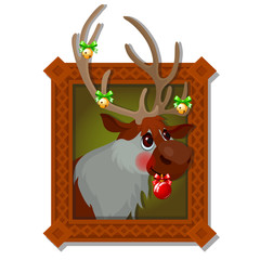 Wall picture in a wooden frame with Christmas deer with Golden jingle bells and festive baubles isolated on a white background. Vector cartoon close-up illustration.