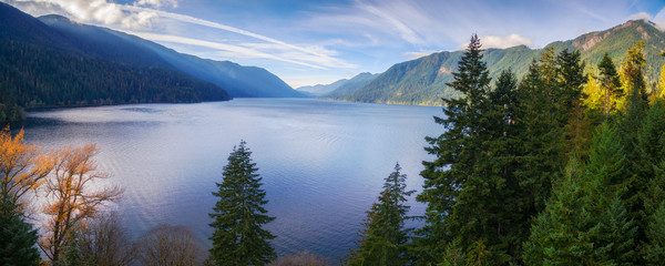 Aerial View of Lake Crescent in the Olympic Peninsula. Lake Crescent is a deep lake located entirely within Olympic National Park in Washington, United States. A drone was used for a unique view.