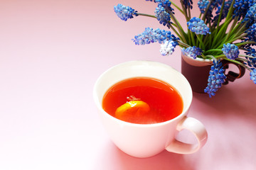 Creative layout made with a cup of tea and muscari flowers on bright pink background. Spring minimal morning concept