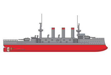 naval battleship against the background of the city in flat style a vector.The military steam ship with artillery in towers.Element design of the website historical games, children's toys.