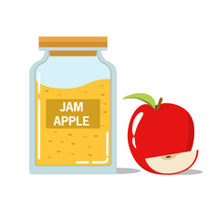 Glass jar with fruit pieces of red apple jam in flat style a vector.Element of design of the culinary websites and kitchen shops and banners. Shops of a natural food.