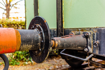 Closeup of the powerful bumpers of a train wagon