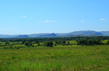 Fototapeta premium Summer landscape a green grass field and blue sky with clouds on soft background mountain ridge Sunduki in the haze in Khakassia