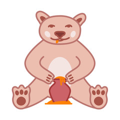 Brown bear eats honey from pot, cute vector illustration with outline