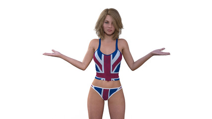 3D render woman dressed in the flag of the united kingdom with doubts about the brexit