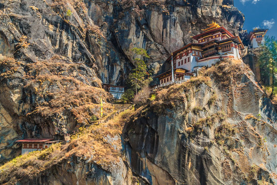 Taktshang Goemba (Tiger's Nest Monastery), the most famous Monastery in Bhutan, in a mountain cliff.