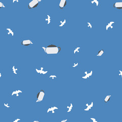 Teapot and bird seamless pattern color