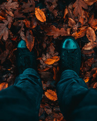 Black canvas shoes on fire red leaves