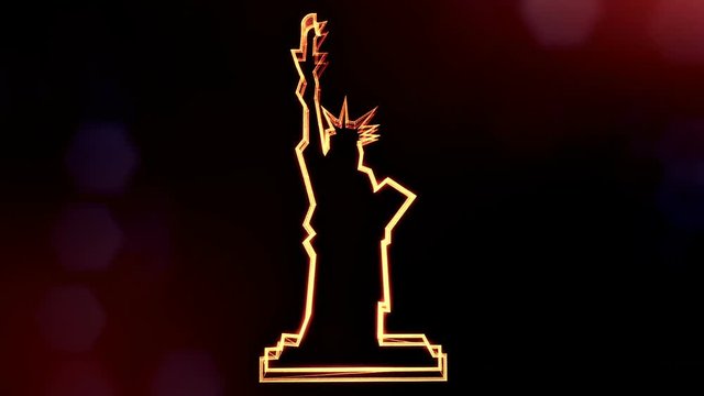 icon of The Statue of Liberty. Background made of glow particles as vitrtual hologram. 3D seamless animation with depth of field, bokeh and copy space. Golden v5