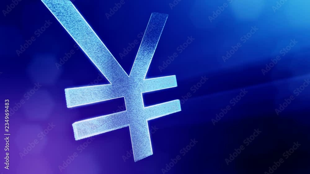 Aufkleber animation icon or emblem of japanese yen logo.. background made of glow particles as vitrtual hologr