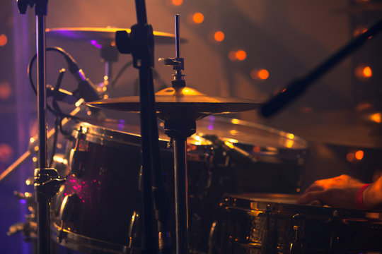 Rock drum set. Warm toned close-up photo