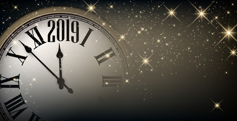Gold shiny 2019 New Year background with clock. Greeting card.