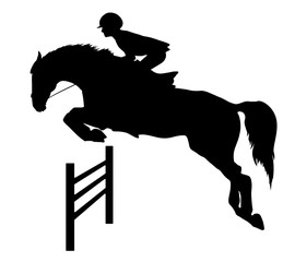 Equestrian sport, show jumping, eventing. A silhouette of a rider jumping on a horse.