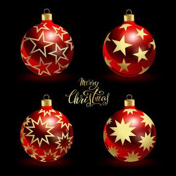 Merry Christmas and Happy New Year! Realistic Christmas red glass balls with a pattern of gold stars on a black background. Lettering. Set of festive vector images.