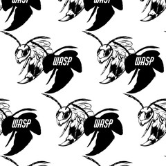 Vector pattern with  hand drawn illustration of wasp and silhouette of wasp. Template for card, poster, banner, print for t-shirt, pin, badge and patch.
