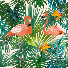 Obraz premium Seamless pattern of flamingo, leaves monstera. Tropical leaves of palm tree and flowers.