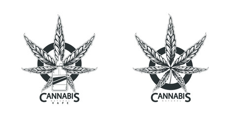 Emblem with cannabis leaves and vape liquid, vector logotype illustration isolated on white background, set of logo, smoke natural cannabis