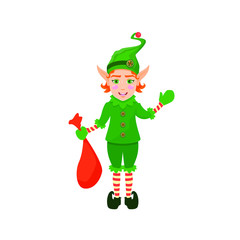 Flat cartoon vector Christmas Elf, cute and happy character, vector illustration isolated on white background