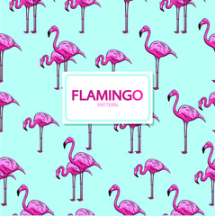 Repeat pattern with many pink flamingo on blue background, vector illustration