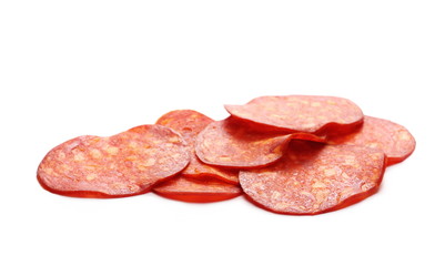 Salami sausage slices isolated on white background