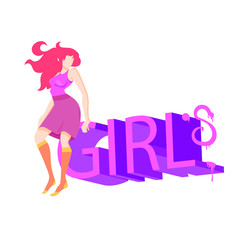 Flat cartoon girl, woman with pink text, funny and cute logotype for girls, vector illustration