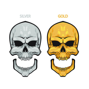 Silver and gold skull, vampire skulls, line art vintage vector illustration
