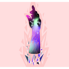 Hand with galaxy sky, planets, stars and geometry lines, vector illustration an be used for some print or poster