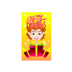 Merry Christmas holiday greeting card design with happy and cute elf and present, gift