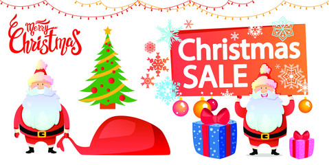 Merry Christmas set, vector cartoon flat illustration, Santa Claus, Big Sale, Presets and christmas tree